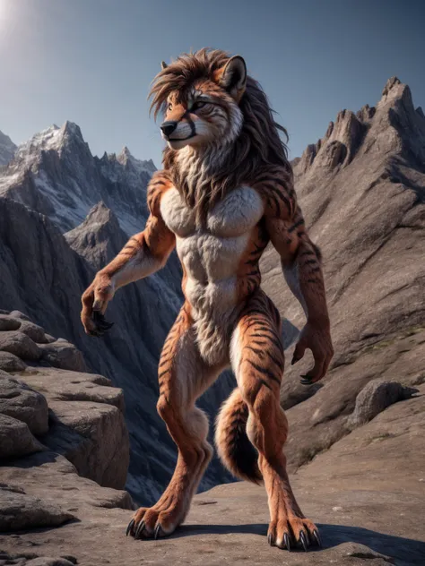 Full body, Bengalfuchs, Male, is standing, Fuzzy, Front view, with mane, Claws on fingers and toes, very detailed fur, Naked, in the mountains, on a plateau, sonne am zenit, highest quality, photorealistic, high resolution, visually breathtaking (Detailed ...