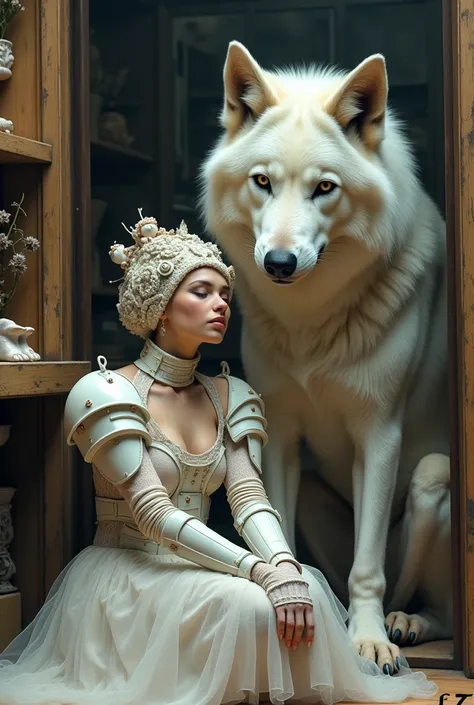 a woman sitting next to a giant wolf in a dog shop on the floor. The subjects clothing is an excellent mix of art nouveau, steampunk, and Alexander McQueen Haute Couture, with intricate details of porcelain, wire mesh, and white metal armor. The painting m...