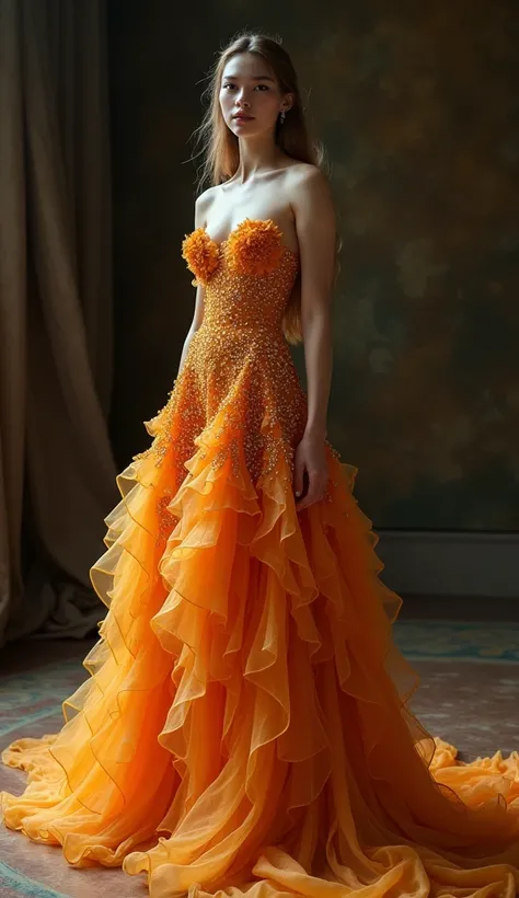 A full body shot of  beautiful girl wearing an evening dress imitating a goldfish, long ruffles on the sleeves and at the back imitate golden fins, corset made in the shape of golden fish scales, deep neckline, (best quality,4k,8k,highres,masterpiece:1.2),...