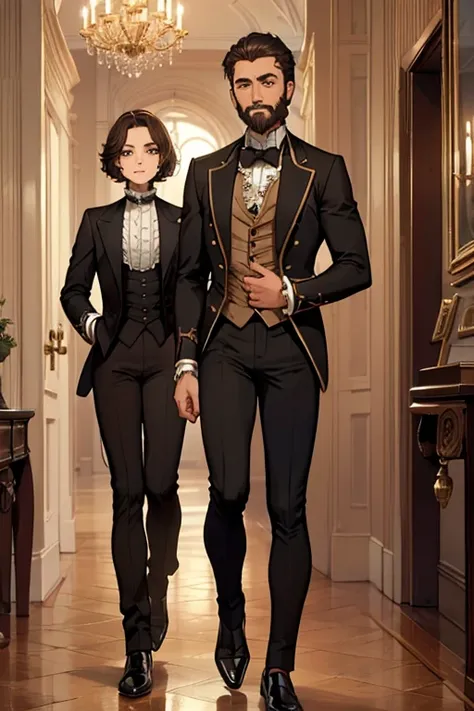 male, black short hair, hazel eyes, pitch black skin, (((1boy))), (((brown 18th century suit with coattails))), (brown dress pants), (white dress shirt), (black shoes), beard, long legs, gentle smile