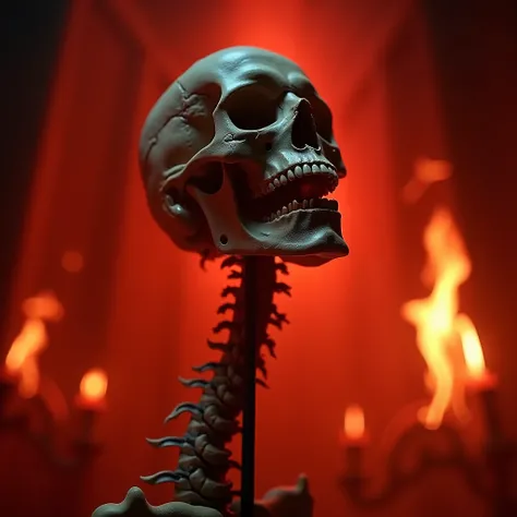 Skeleton head and spine on a pike, POV, Backlighting, Lens Flare, Masterpiece, Accurate, Best Quality, Anatomically Correct, gothic, surrounded by fire, fiery red luminescent background, hyper realistic