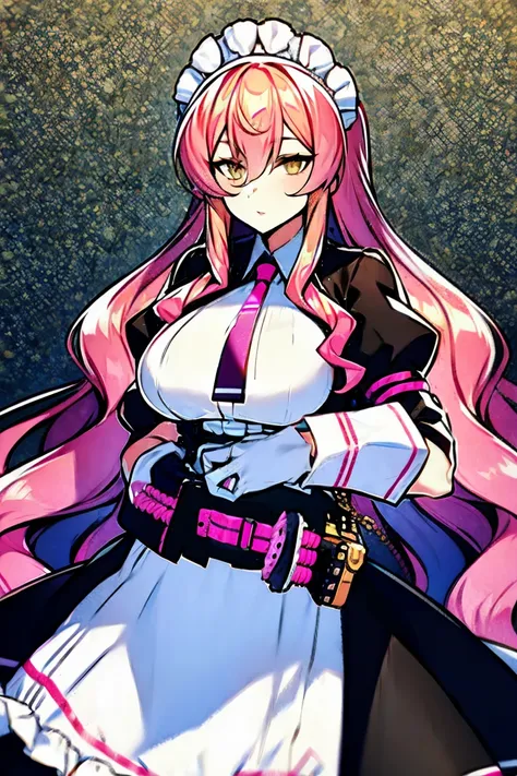 maid, tie, maid headdress, belt, pink hair, long hair, yellow eyes, white gloves, frill, sleeves, 