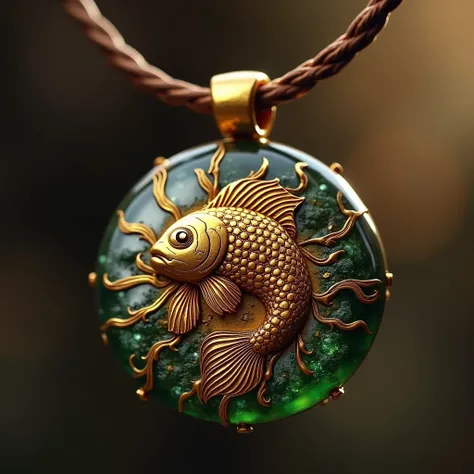 Making a Necklace with Gemstones，It is engraved with an Olmec-style goldfish image., Ultra Detailed, True，Highly refined，Hyper-Reality，Photo-realistic，8k，Natural bokeh effect，Award-winning digital art