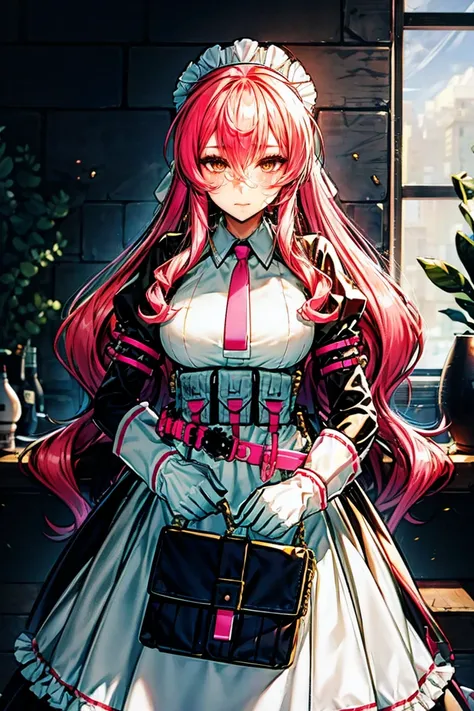 maid, tie, maid headdress, belt, pink hair, long hair, yellow eyes, white gloves, frill, sleeves,