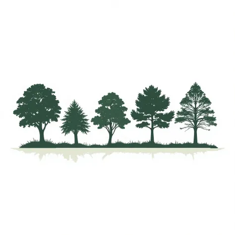 Silhouettes of six different tree types arranged in a row against a white background. The trees vary in shape and size, showcasing a mix of leafy, coniferous, and bare branches, illustrating a range of foliage densities and forms.Create unique designs diff...