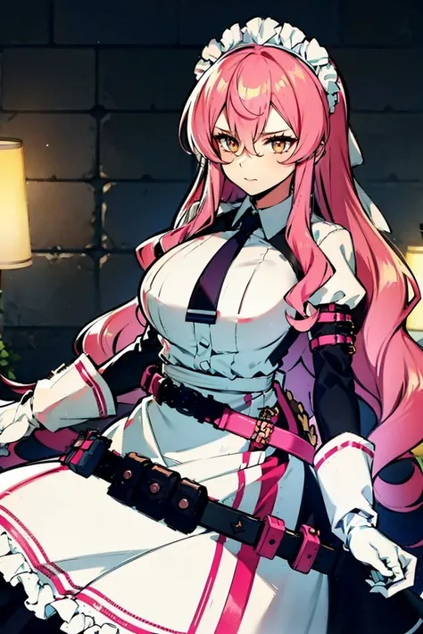 maid, tie, maid headdress, belt, pink hair, long hair, yellow eyes, white gloves, frill, sleeves,