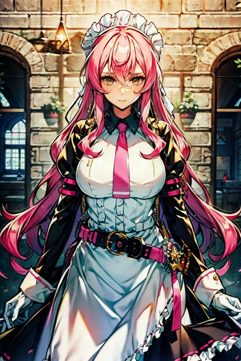 maid, tie, maid headdress, belt, pink hair, long hair, yellow eyes, white gloves, frill, sleeves,