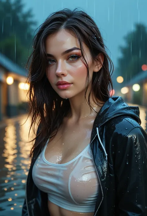 extreme realistic depiction of a wet beauty under night rain, in upper body shot, curvaceous glamorous body, hair hair over one ...