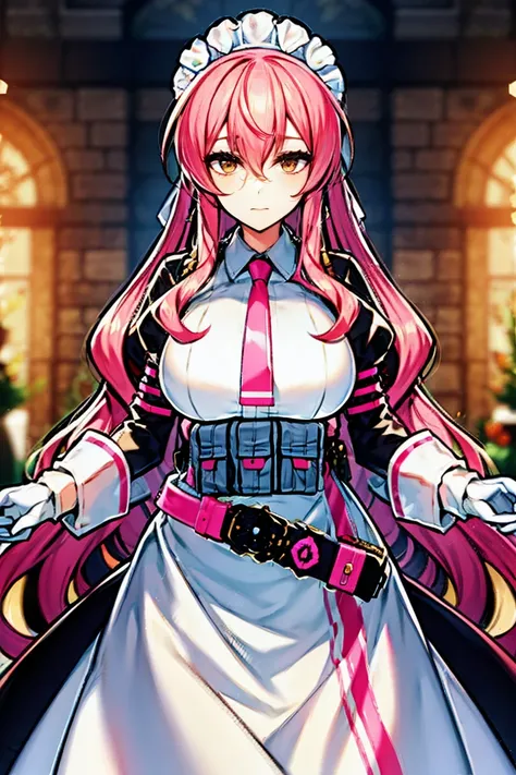 maid, tie, maid headdress, belt, pink hair, long hair, yellow eyes, white gloves, frill, sleeves,