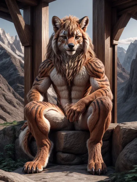 Full body, Bengalfuchs, Male, sits, Fuzzy, Front view, with mane in vanilla colour, Claws on fingers and toes, very detailed fur, Naked, in the high mountains, sonne am zenit, highest quality, photorealistic, high resolution, visually breathtaking (Detaile...