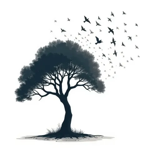 Silhouette of a large tree on the left side, with a textured canopy and sprawling branches. A small patch of grass is visible at the base. Above the tree, a flock of seven birds flies in a scattered formation against a white background, creating a serene a...