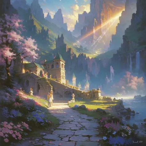 painting of a stairway leading to a heaven with a dragon flying over it, stairway to heaven, by jim warren, leading to a beautiful, blossoming path to heaven, surrealistic painting, otherworldly wonders, divine, luminous, floating in the sky, heavens door,...