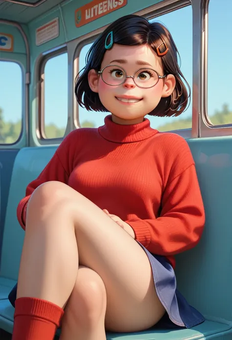 mei lee,

(((little body))), tiny, small_body ,black hair, hairpin, glasses, ((( red sweater ))), pink shirt, stockings, blue sk...