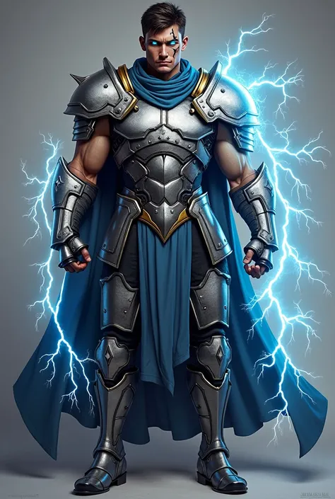 Clothing: Lyratz wears a light suit of armor that combines elements of Spartan military garb with a modern twist. The armor is silver and dark blue, representing thunder and lightning, with gold accents around the shoulders and chest, symbolizing the nobil...