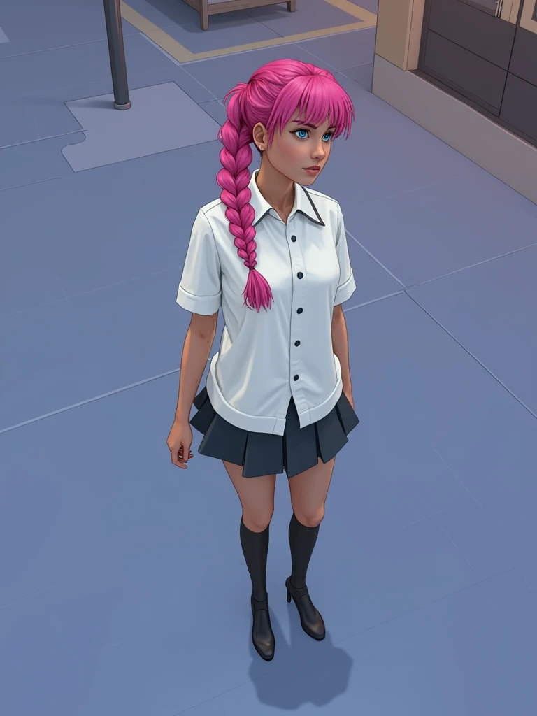 there is a woman with a long pink braid in a school uniform, realistic schoolgirl, tall female emo art student, hyperrealistic, a hyperrealistic female emo art student, upper body avatar,