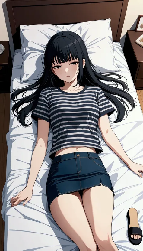 source_anime, white skin Korean young woman, is lying down on bed, lying on flat, sleep with turning face up, she has black long straight hair (+full bangs), wearing gray and black striped short sleeves t-shirt, dark-blue denim pencil mini skirt, black san...