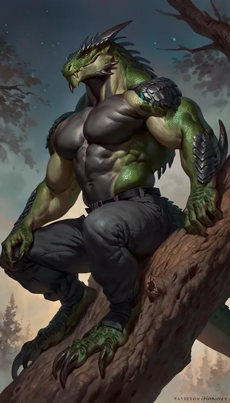 Muscular monster lizardfolk, solo, pants, mercenary, dark green body, body made of steel, metallic scales, black belly, 1male solo, anthro, muscular, wide back, small waist, thick tail, thick scales on the shoulders, marked jaw, pecs, big pecs, pants, full...