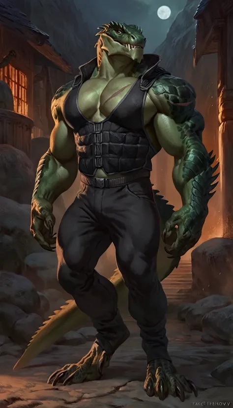 Muscular monster lizardfolk, solo, pants, mercenary, dark green body, scars on body, transparent vest, strong, metallic scales, black belly, 1male solo, anthro, muscular, wide back, small waist, thick tail, thick scales on the shoulders, marked jaw, pecs, ...