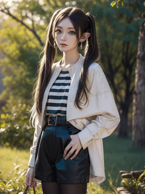 frieren, frieren, long hair, twintails, (green eyes:1.5), grey hair, pointy ears, elf,
BREAK shirt, long sleeves, jewelry, pantyhose, earrings, striped, black pantyhose, capelet, striped shirt,
BREAK outdoors, sky, nature,
BREAK looking at viewer, (cowboy ...