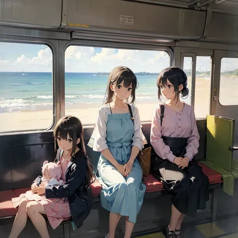 A painting of three girls sitting on a train seat looking at the sea, pastel drawing by Takano Aya, trending on pixiv, conceptual art