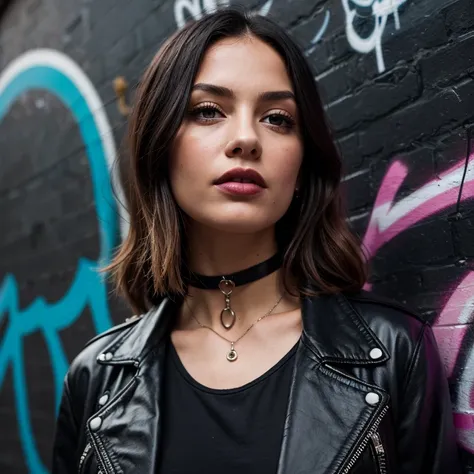 a European woman with a black jacket and a black shirt and a graffiti wall behind her and a black choker, grunge, a character portrait, gothic art