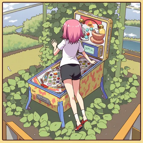 pinball machine，leisure farm，wearing a swimsuit、Anime girl in white shirt and black shorts,1 girl, ai interactive app cartoon picture of a girl lying on a marble game, The girl&#39;s hand is part of the game，Feet are one of the games，Marbles are in the sha...