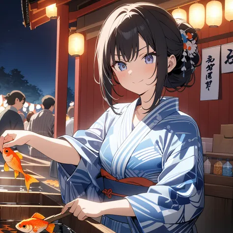 High resolution, 8k, best quality, masterpiece, ultra detailed, anatomically correct, anime, many peple is smile, 1girl, She is scooping goldfish, serious expression, Yukata, Gold fish, water, Festivals, stall, Shrine grounds, night, Japan