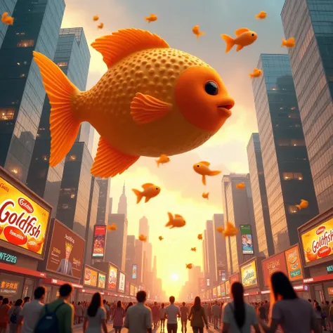 ((best quality)), ((masterpiece:1.2)), (detailed), ((Photorealistic:1.37)), 8K, high resolution, colorful.

In a surreal and vibrant world, a giant Goldfish cracker floats above a modern city skyline at sunset, symbolizing its growth and success. The city ...