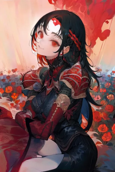 ((Best Quality)), ((masterpiece)), (detailed),Fantasy,knight,Close-up of the upper body of a girl sitting with her knees raised to her chest, Side view,((Multicolor hair color,Black Long Hair,Red back hair)), Black Flower Armor,mini skirt,Slanted Eyes,Slen...