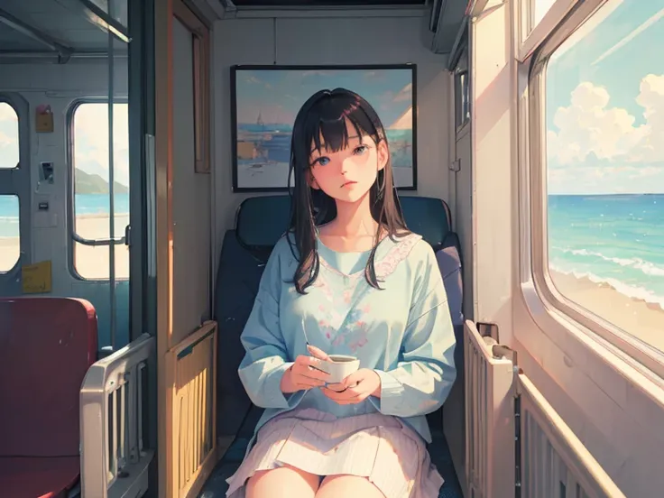 a girl sitting on a train seat looking at the sea, 2 girls sitting on a train seat looking at the sea, pastel drawing, by Takano Aya, trending on pixiv, conceptual art, beautiful detailed eyes, beautiful detailed lips, extremely detailed faces and expressi...