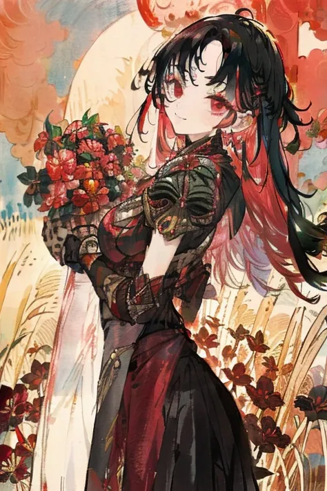 ((Best Quality)), ((masterpiece)), (detailed),Fantasy,knight,Close-up of the upper body of a girl sitting with her knees raised to her chest, ((Multicolor hair color,Black Long Hair,Red back hair)), Black Flower Armor,mini skirt,Slanted Eyes,Slender,smile,...