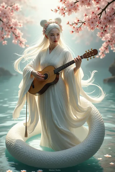   theme: Benzaiten, (goddess) White Skin,Playing the Biwa,  Big white snake, Beautiful Eyes. She likes to wear flying capes。, Cherry blossoms falling on the lake background,Large Breasts, ((Very accurate and detailed)) ((High resolution)