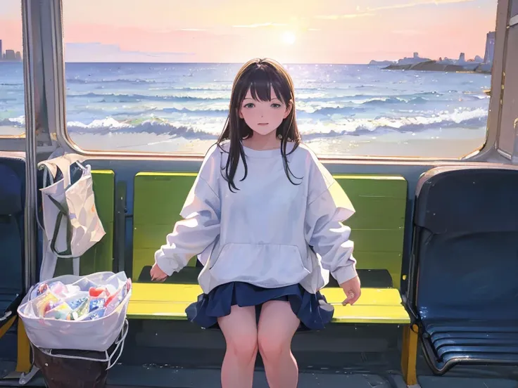 a girl sitting on a train seat looking at the sea, 2 girls sitting on a train seat looking at the sea, pastel drawing, by Takano Aya, trending on pixiv, conceptual art, beautiful detailed eyes, beautiful detailed lips, extremely detailed faces and expressi...