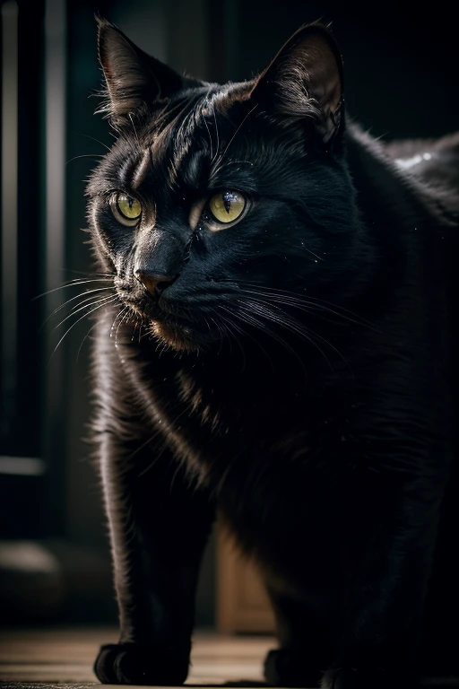 a big black cat, hissing, angry, protective of his coca-cola cans, detailed fur, intense glare, dramatic lighting, cinematic, ph...