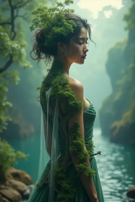 a woman with a landscape on her back, full length portrait, graceful pose, aerial lighting, cascading waterfall, lush greenery, fairytale harmony, digital art, fantasy art, surreal, highly detailed, octane render, 8k, photorealistic, cinematic lighting, dr...