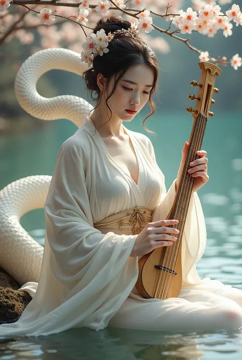   theme: Benzaiten, (Japanese Goddess) White Skin,Beauty,Well-trained muscles,Playing the Biwa,  Big white snake behind, Beautiful Eyes,She likes to wear flying capes。, Cherry blossoms falling on the lake background,Very large breasts, ((Very accurate and ...