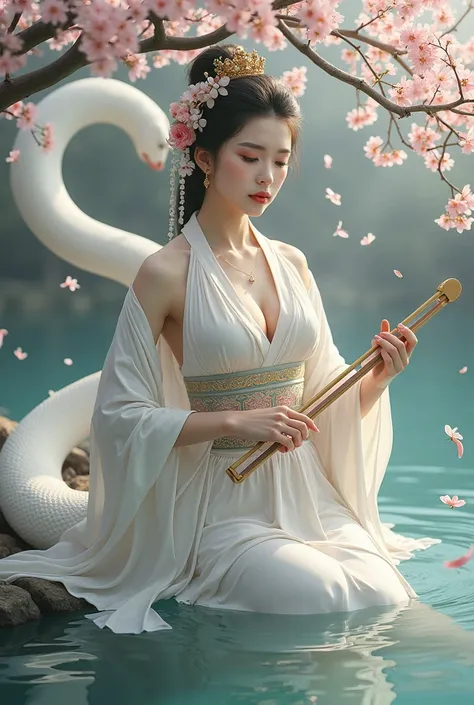   theme: Benzaiten, (Japanese Goddess) White Skin,Beauty,Well-trained muscles,Playing the Biwa,  Big white snake behind, Beautiful Eyes,She likes to wear flying capes。, Cherry blossoms falling on the lake background,Very large breasts, ((Very accurate and ...