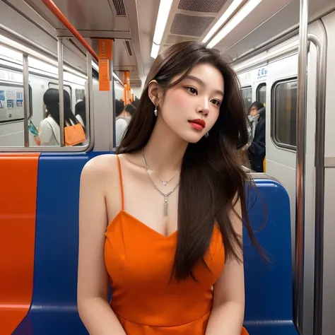 
a young Asian woman ,on a subway train, her long brown hair cascades over her shoulders.Big tits, adorned with a silver necklace and a silver bracelet. Her lips are painted a vibrant red, adding a pop of color to the otherwise monochromatic scene.  The se...