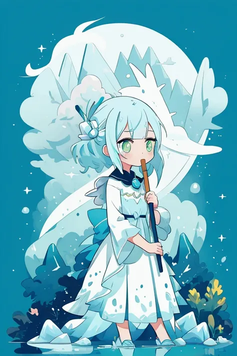 Flat image, vector illustration, Girl, ice blue hair, yellow-green eyes, white dress, sad, magic, mystery, nature, animal, rock, stick