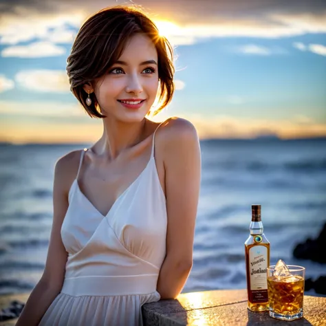 (Realistic, 超Realistic:1.4), 16K HDR, High resolution,((Whiskey Glass)),((Whiskey Bottle)),((Whiskey Glass)),Happy Smile、Short Hair,The best smile、Japanese Actress,so beautiful(It looks like the real thing),Evening Dresses,Cocktail Dresses、Whiskey Bottle、T...