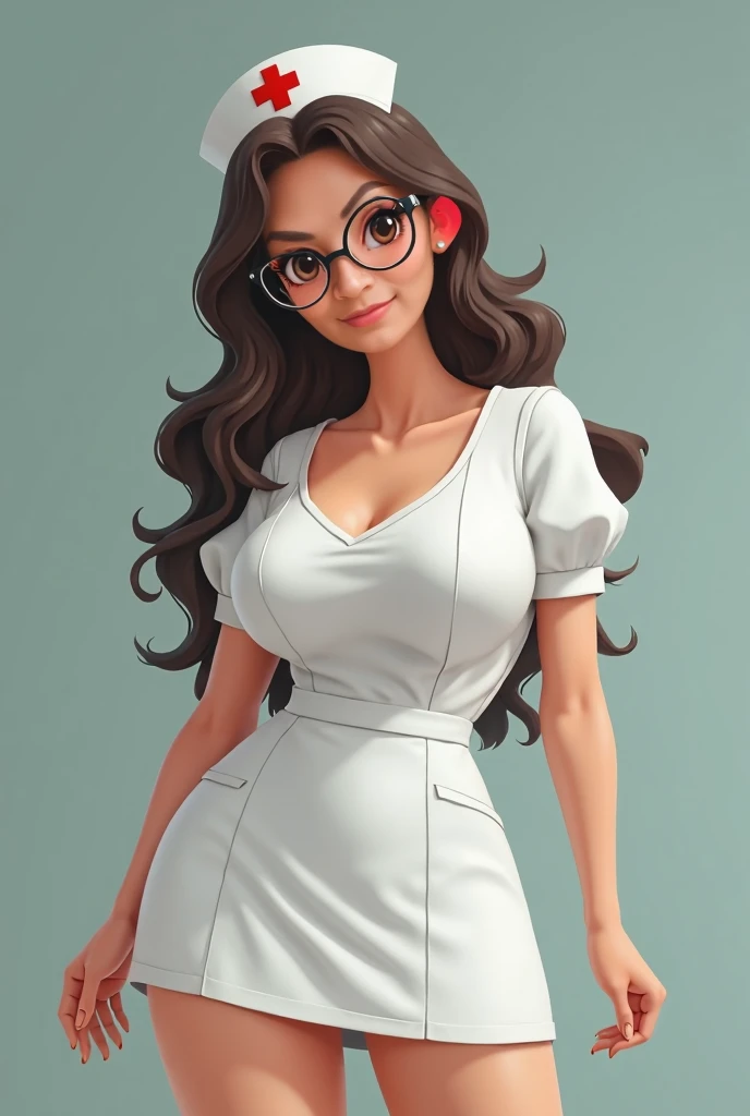 Pretty woman 1.50 tall big breasts brown eyes with glasses wearing a nurse outfit somewhat chubby