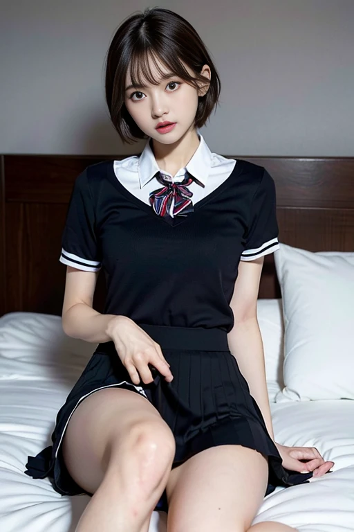 Uniform,((())),No makeup,High resolution,Professional photos,High resolution,Small breasts,,slim, Please lie on your back on the bed., Please open your legs and show me your underwear, Fearful expression, Tears in my eyes, ((Her skirt is rolled up)), Short...