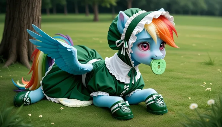 blue pony pegasus alone, blue fur all over the body, Rainbow Dash, adult mare, rainbow mane, gathered in a green bonnet, rainbow tail, cherry eyes, sitting outside on the grass, dressed in a green bodysuit with holes for two blue wings and green booties, g...