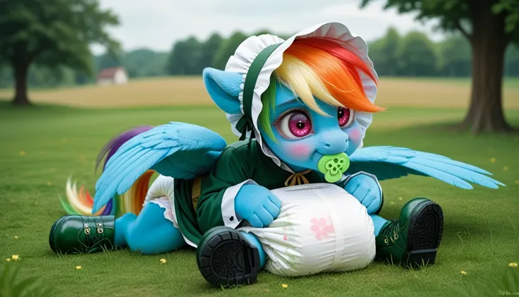 blue pony pegasus alone, blue fur all over the body, Rainbow Dash, adult mare, rainbow mane, gathered in a green bonnet, rainbow tail, cherry eyes, sitting outside on the grass, dressed in a green bodysuit with holes for two blue wings and green booties, g...