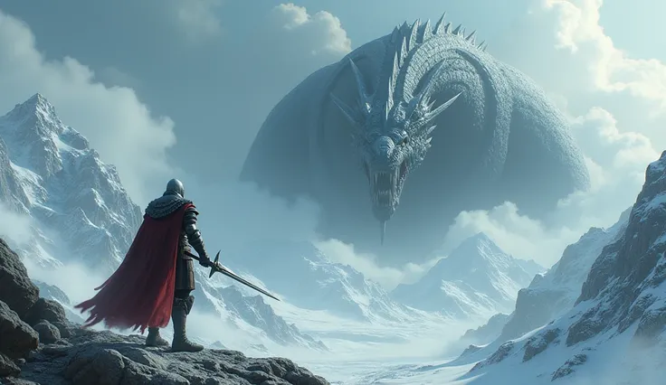 An image of a warrior with a sword in his hand standing on top of a mountain and facing a large dragon for YouTubes thumbnail. with this text "Either get everything, or disappear forever!"