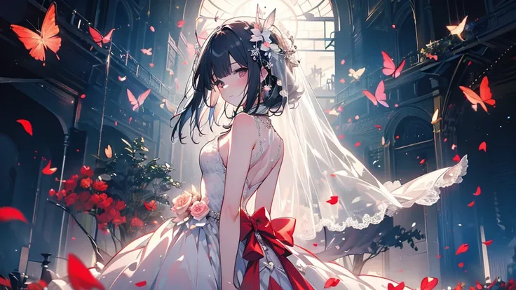 (Best Quality, High resolution, masterpiece:1.2,), figure, night, One girl, whole body, (Wedding Dresses), Place your arms behind your back, Wait for a kiss, Gazing at the audience, happy, ,Petals fluttering