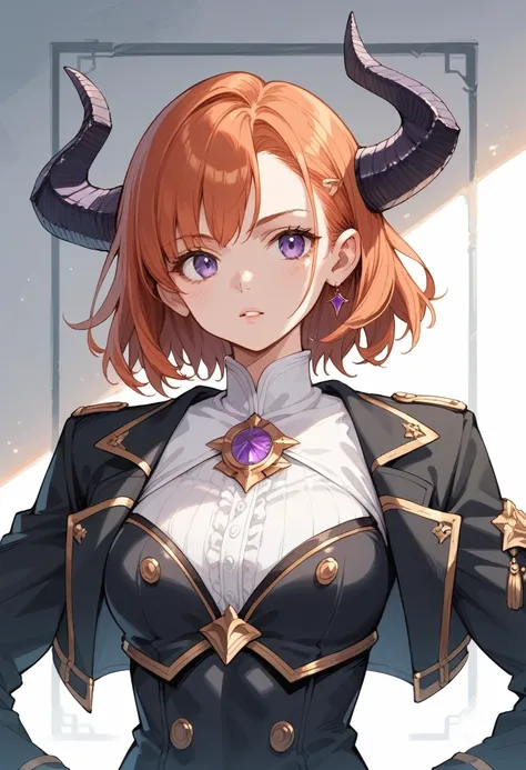 score_9, score_8_up, score_7_up, score_6_up, source_anime, masterpiece, Best Quality, Upper Body, One girl, View your viewers, Redhead, Medium Hair, Purple eyes, Devil horns, Black coat, indoor, dim, The actress is 2., Open Bust