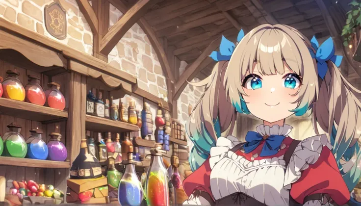 Mysterious, Medieval European style shop, Colorful potions1 girl, High resolution, smile, Twin tails, blue eyes, 