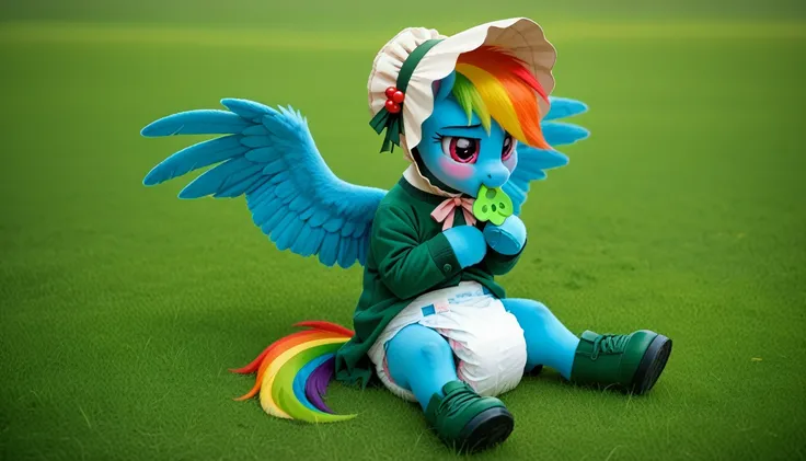 blue pony pegasus alone, blue fur all over the body, Rainbow Dash, adult mare, rainbow mane, gathered in a green bonnet, rainbow tail, cherry eyes, sitting outside on the grass, dressed in a green bodysuit with holes for two blue wings and green booties, g...