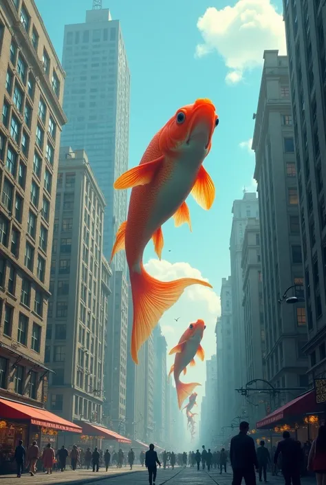 Goldfish, a city with many people walking around, huge goldfish swimming between buildings against a blue sky, seen from below, ((masterpiece, highest quality, Highest image quality, High resolution, photorealistic, Raw photo, Extremely detailed CG unified...